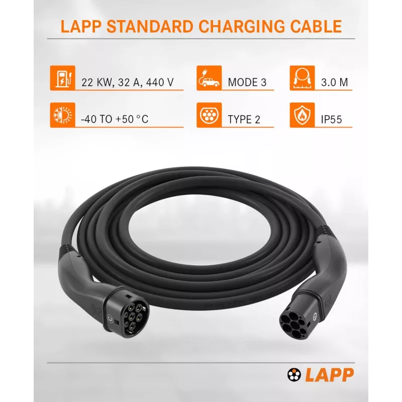 Lapp Mobility Type 2 EV Įkrovimo Laidas 22 kW 3 m Juodas