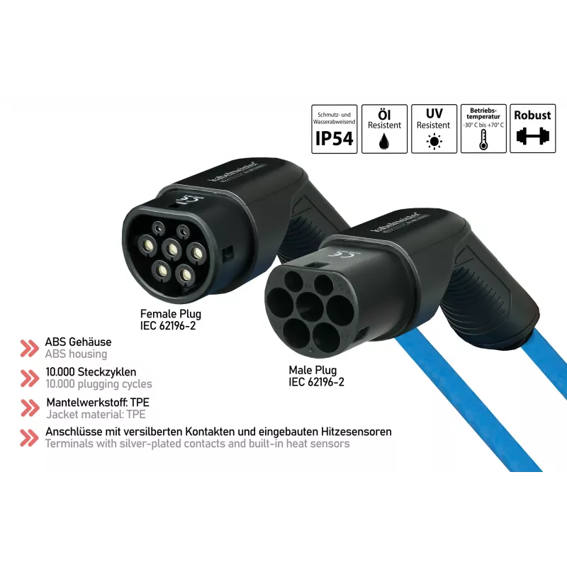 kabelmeister® EV Įkrovimo Kabelis Mode 3, Type 2 Kištukas į Lizdą, 3 Fazės, 16 A, 11 kW, Mėlynas, 5 m