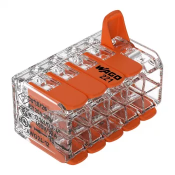 WAGO 221-420 Kompaktiška jungiamoji gnybtų juosta su svirtelėmis, 10 laidų, 0,2-4 mm², skaidrus korpusas, oranžinė svirtelė, 10 vnt. pakuotė