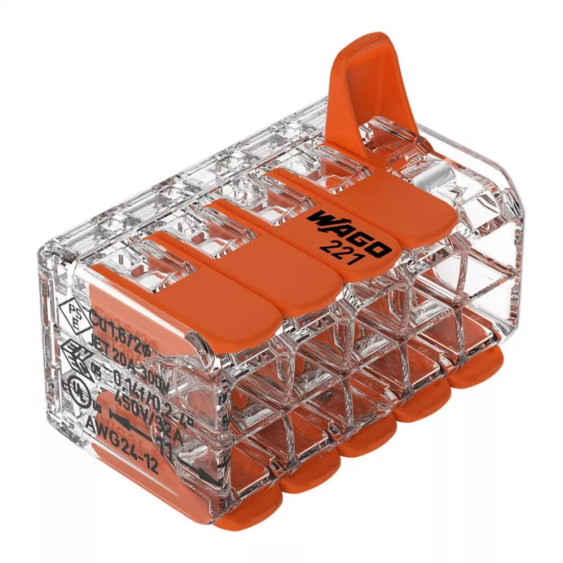 WAGO 221-420 Kompaktiška jungiamoji gnybtų juosta su svirtelėmis, 10 laidų, 0,2-4 mm², skaidrus korpusas, oranžinė svirtelė, 10 vnt. pakuotė