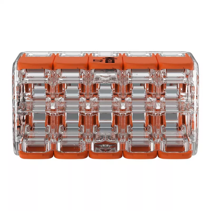 WAGO 221-420 Kompaktiška jungiamoji gnybtų juosta su svirtelėmis, 10 laidų, 0,2-4 mm², skaidrus korpusas, oranžinė svirtelė, 10 vnt. pakuotė