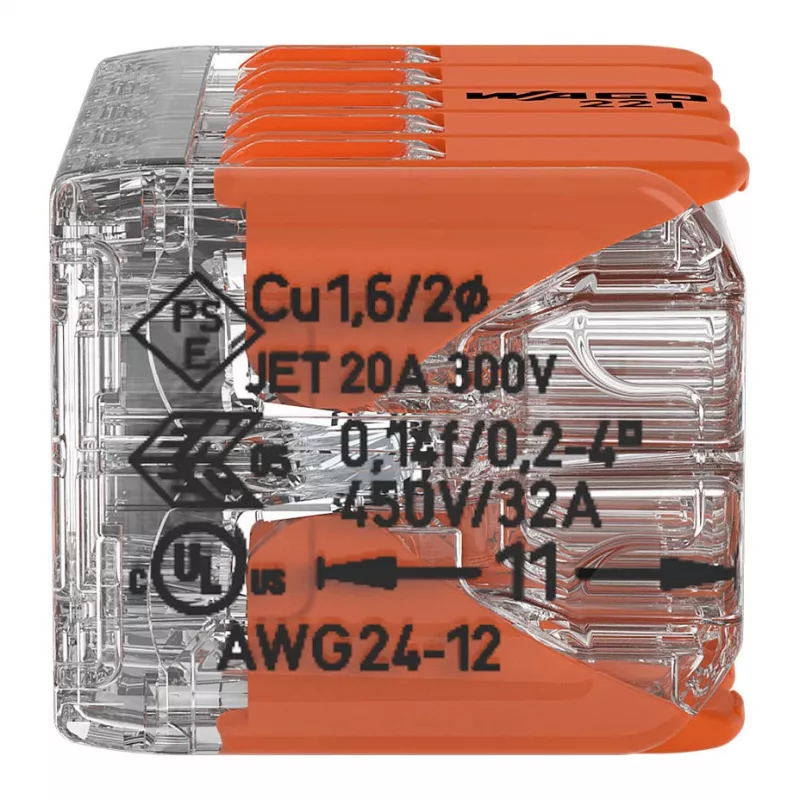 WAGO 221-420 Kompaktiška jungiamoji gnybtų juosta su svirtelėmis, 10 laidų, 0,2-4 mm², skaidrus korpusas, oranžinė svirtelė, 10 vnt. pakuotė