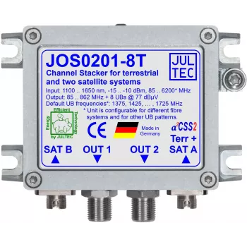 JULTEC JOS0201-8T Unicable II / JESS Single Cable Converter su 2x optiniais palydoviniais ir 1x optiniu antžeminiu įėjimu, 8x F tipo išėjimais, FC/PC jungtimis