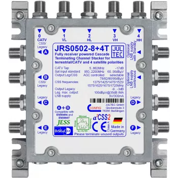JULTEC JRS0502-8+4T Unicable II vieno kabelio keitiklis / multiswitch, 2 Unicable išėjimai, 8 vartotojų juostos viename išėjime, 4 SAT IF įėjimai, 1 antžeminis įėjimas, 4 antžeminiai išėjimai