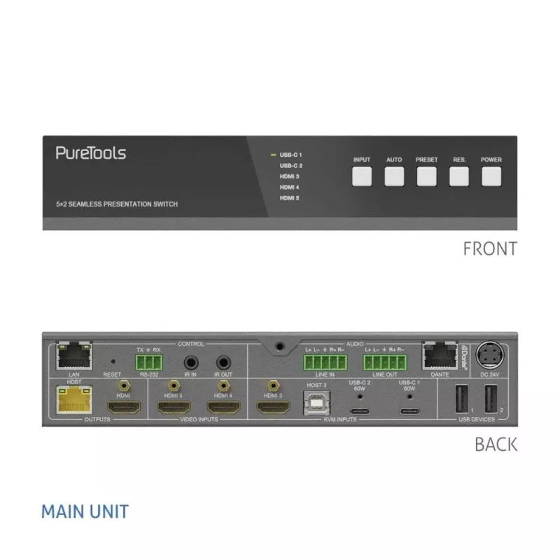 PureLink PT-PSW-52KVM 5x2 KVM Switcher 4K 60Hz 4:4:4 USB-C HDMI