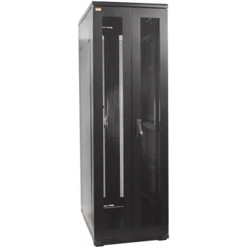 IT-BUDGET 19 inch tinklo spintos SRK pilnas komplektas - 38U - 800x800 mm - perforuotos dvigubos durys priekyje ir gale - 4 aktyvūs ventiliatoriai - PDU - lentynos - surinkta - juoda (99ITB19SRK3888DTSM)