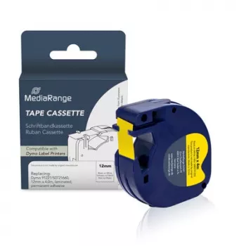 MediaRange suderinama Dymo etikečių juostos kasetė 12mm x 4m juoda ant geltonos (MRDY91222)
