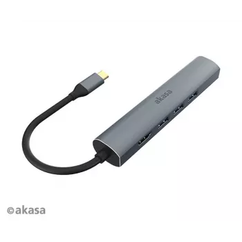 Akasa AK-CBCA22-18BK USB-C Multiport Adapter - USB 3.2 Gen 1 Type-C į HDMI, RJ-45, USB-A - Aliuminis - Juoda - 18 cm