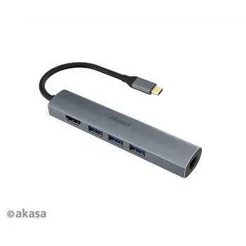 Akasa AK-CBCA22-18BK USB-C Multiport Adapter - USB 3.2 Gen 1 Type-C į HDMI, RJ-45, USB-A - Aliuminis - Juoda - 18 cm