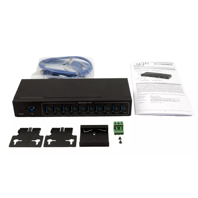 Exsys USB 3.2 Gen 1 10-Port Metal Hub with DIN-Rail Kit, VIA VL811+ Chipset, 5 Gbps, 5V/4A Power Adapter, 1,8m Cable