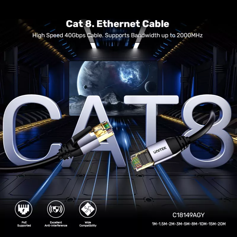 UNITEK Cat.8 S/FTP Ethernet Patch Cable 10m RJ45 40Gbps 2000MHz Gold-Plated Black