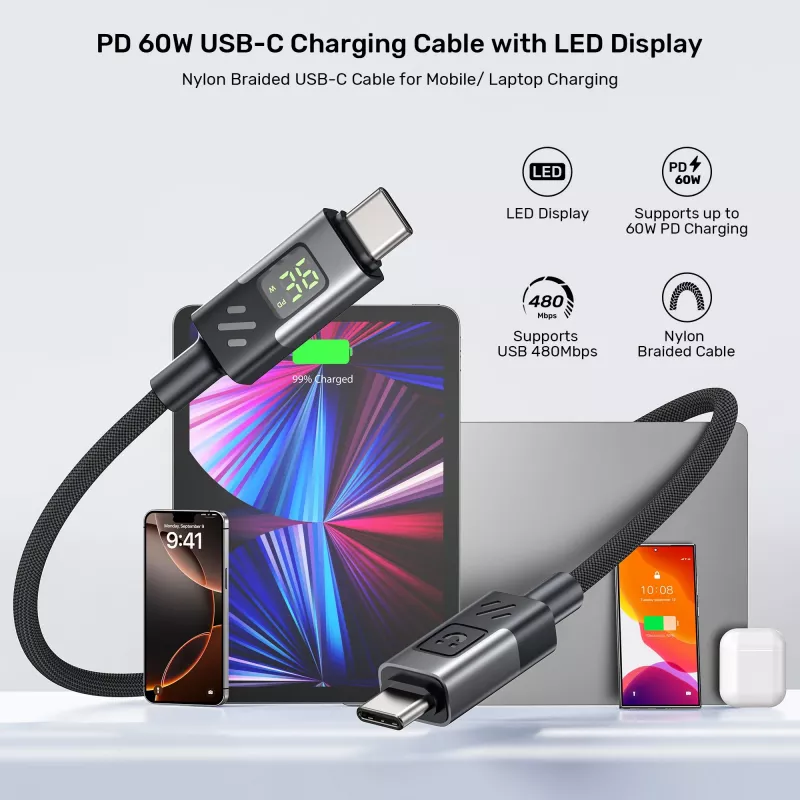 UNITEK USB-C į USB-C laidas 60W PD 480Mbps su LED ekranu 3m pintas juodas