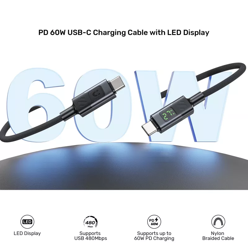 UNITEK USB-C į USB-C laidas 60W PD 480Mbps su LED ekranu 3m pintas juodas