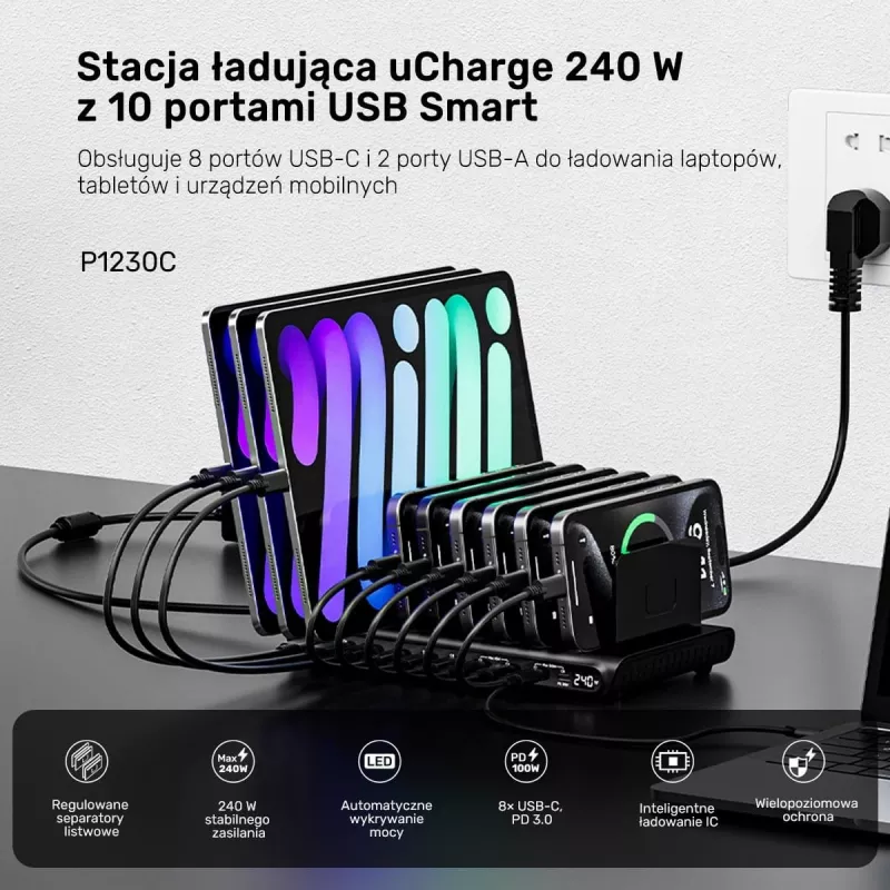 UNITEK 10-Port USB-C & USB-A 240W Įkrovimo Stotelė