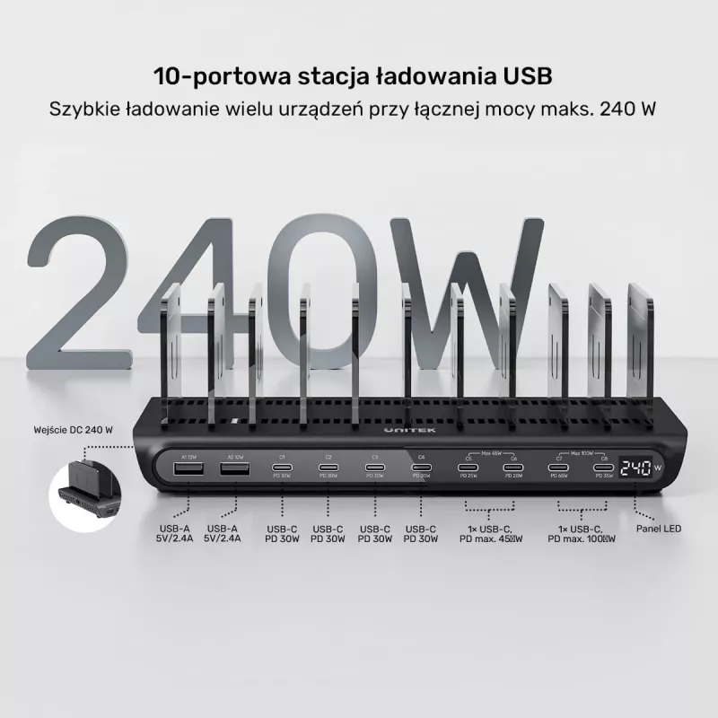 UNITEK 10-Port USB-C & USB-A 240W Įkrovimo Stotelė