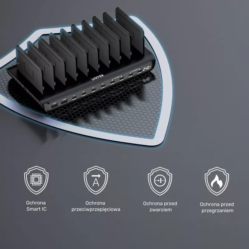 UNITEK 10-Port USB-C & USB-A 240W Įkrovimo Stotelė