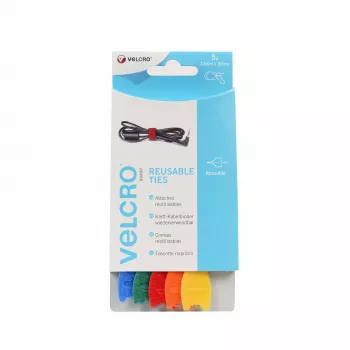 VELCRO VEL-EC60250 Daugkartiniai lipnūs kabelių raiščiai – įvairių spalvų (mėlyna, žalia, oranžinė, raudona, geltona) – 20 cm x 12 mm – 5 vnt. pakuotė