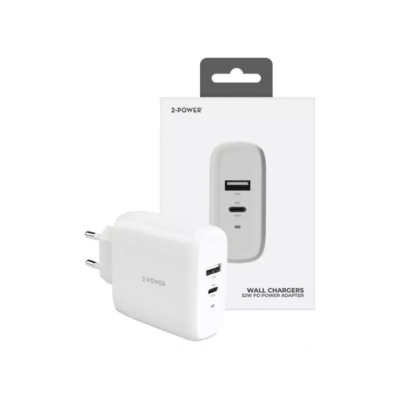2-POWER Sieninis Įkroviklis PD 20W USB-C ir 12W USB-A