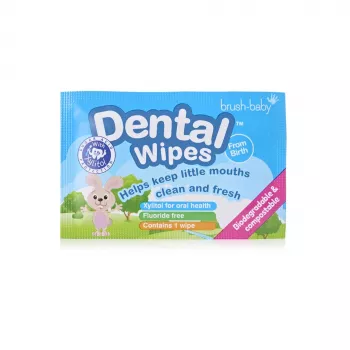 BRUSH BABY Dental Wipes su Xylitol Dantenų ir Pieninių Dantų Valymui 0-16 Mėn 28 Vienetai