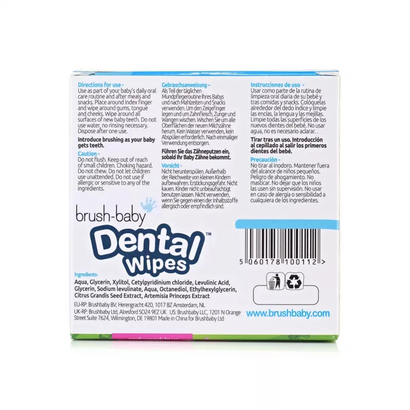 BRUSH BABY dantenų ir pieninių dantukų valymo servetėlės su ksilitoliu 0–16 mėn., 28 vnt.