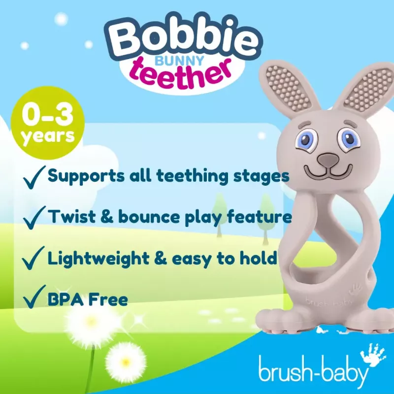 BRUSH BABY Bobbie Bunny Teether Infant Teether Toy Cappuccino Grey