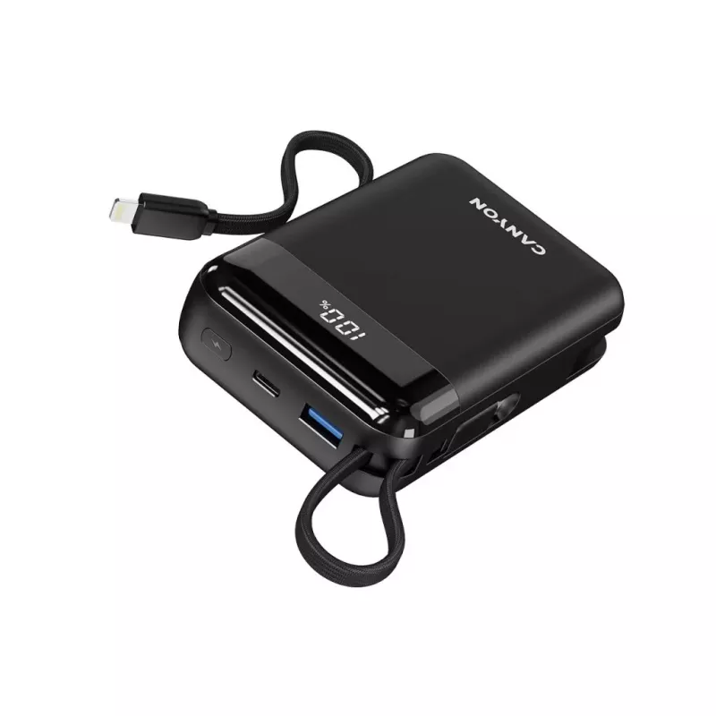 Canyon OnPower 204 20000 mAh Power Bank su USB-C ir Lightning laidais, juoda