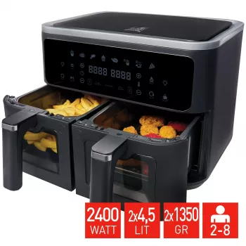 Fritel SnackTastic 8480 Airfryer 2 x 4.5L Dual Basket Airfryer, 2400W, Digital Touchscreen, Black