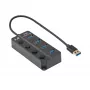 Akyga AK-AD-33 aktyvus USB 3.0 šakotuvas, 4 prievadai su atskirais jungikliais, 15 cm, juodas