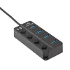 Akyga AK-AD-33 aktyvus USB 3.0 šakotuvas, 4 prievadai su atskirais jungikliais, 15 cm, juodas