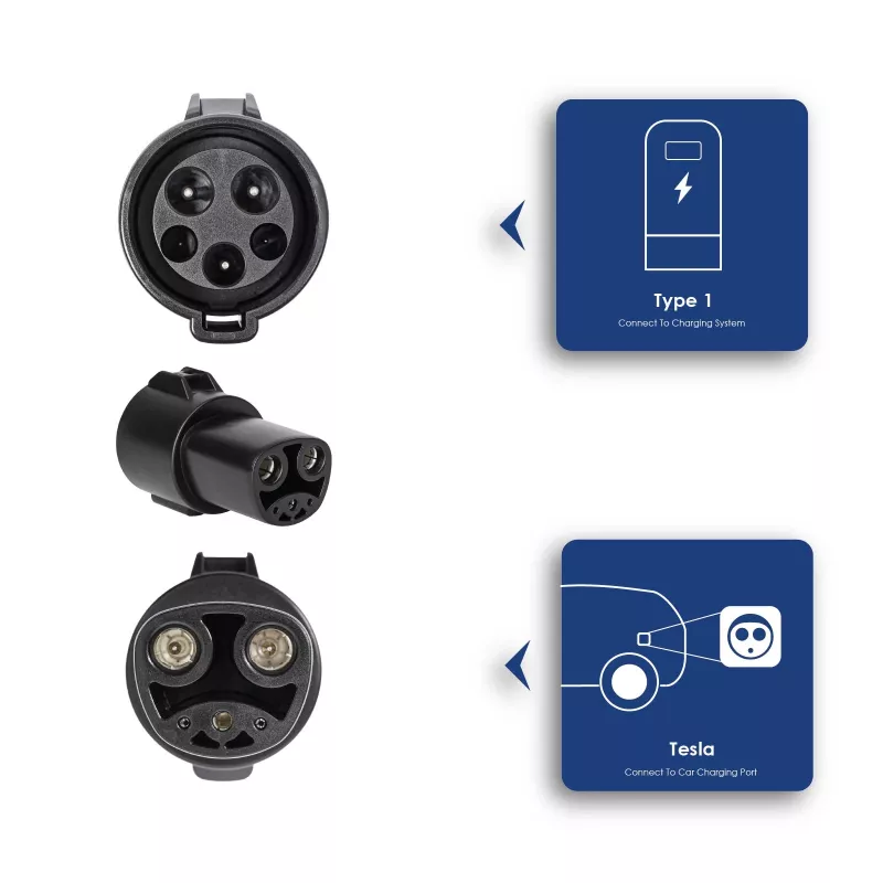 Akyga AK-SC-E07 elektromobilio įkrovimo adapteris Type 1 (J1772) – Tesla, 32 A, 7,2 kW, IP54, juodas