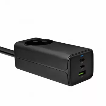 AKYGA AK-CH-21 65W GaN sieninis įkroviklis 2xUSB-C USB-A AC lizdas Juodas 1,5m