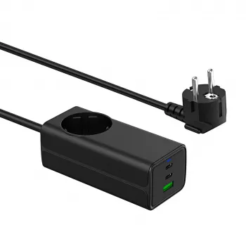AKYGA AK-CH-21 65W GaN sieninis įkroviklis 2xUSB-C USB-A AC lizdas Juodas 1,5m