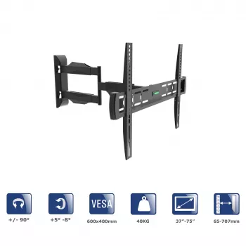 Akyga AK-MB-11 reguliuojamas sieninis TV laikiklis, 37-75 col., 40 kg, VESA 600x400, pasukimas ±90°, juodas