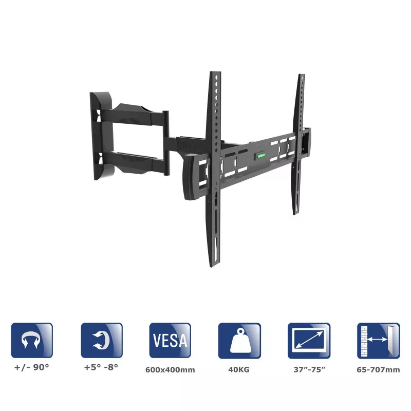 Akyga AK-MB-11 reguliuojamas sieninis TV laikiklis, 37-75 col., 40 kg, VESA 600x400, pasukimas ±90°, juodas
