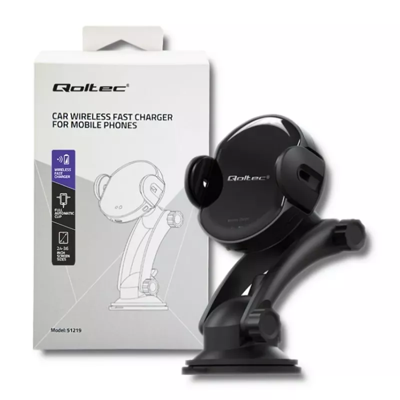 Qoltec PRO belaidis automobilinis kroviklis su IR laikikliu 15W QC 3.0 USB Type-C juodas