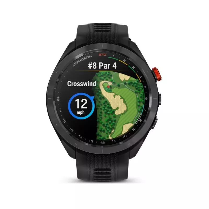 Garmin Approach S70 47mm golfo GPS laikrodis – juodas/raudonas keraminis apvadas su juodu silikoniniu dirželiu