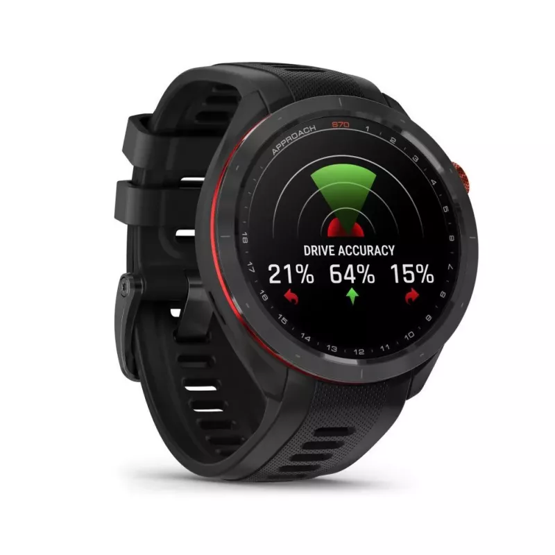 Garmin Approach S70 47mm golfo GPS laikrodis – juodas/raudonas keraminis apvadas su juodu silikoniniu dirželiu