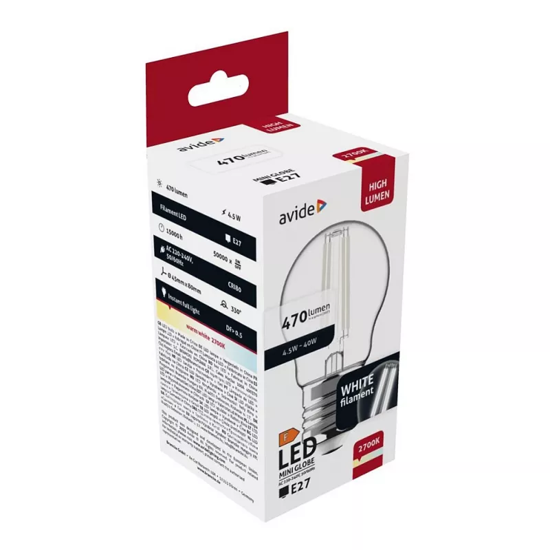 Avide LED lemputė White Filament Mini Globe 4,5W E27 Šilta balta 2700K