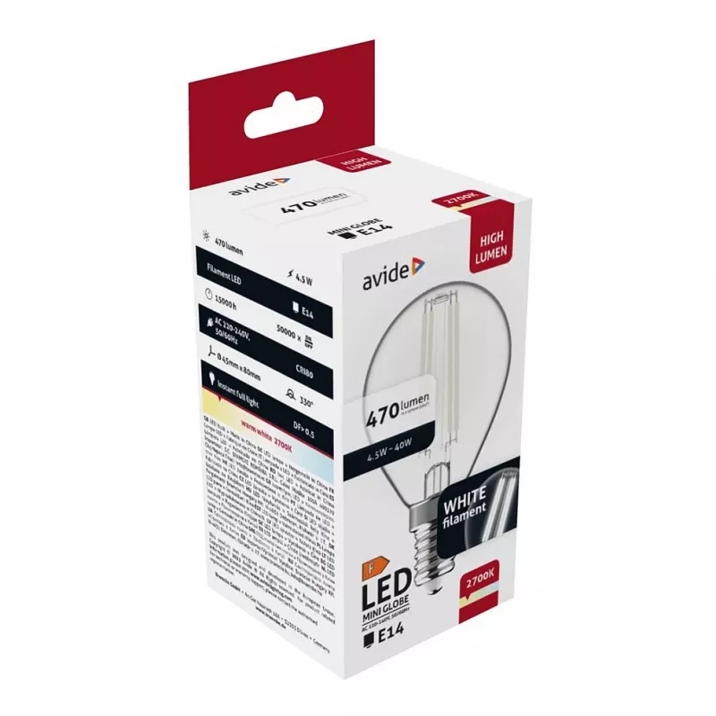 Avide LED Filament Mini Globe lemputė 4,5W E14 šilta balta 2700K
