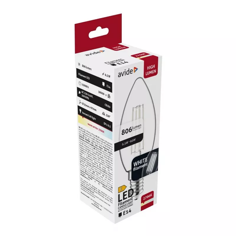 Avide LED Filament Candle Bulb 6,5W E14 Warm White 2700K