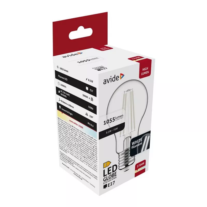 Avide LED kaitrinė lemputė rutulys 8,5W E27 šilta balta 2700K