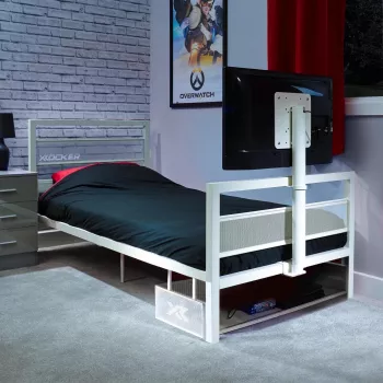XROCKER Gaming Single Bed 90x190cm su TV laikikliu Metal Baltas