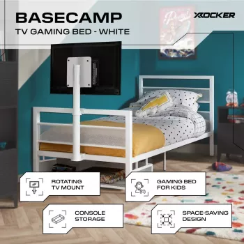 XROCKER Gaming Single Bed 90x190cm su TV laikikliu Metal Baltas