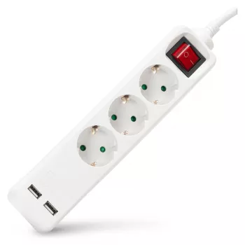 ENTAC Power Strip 3-Way with USB 1.5m Switch White