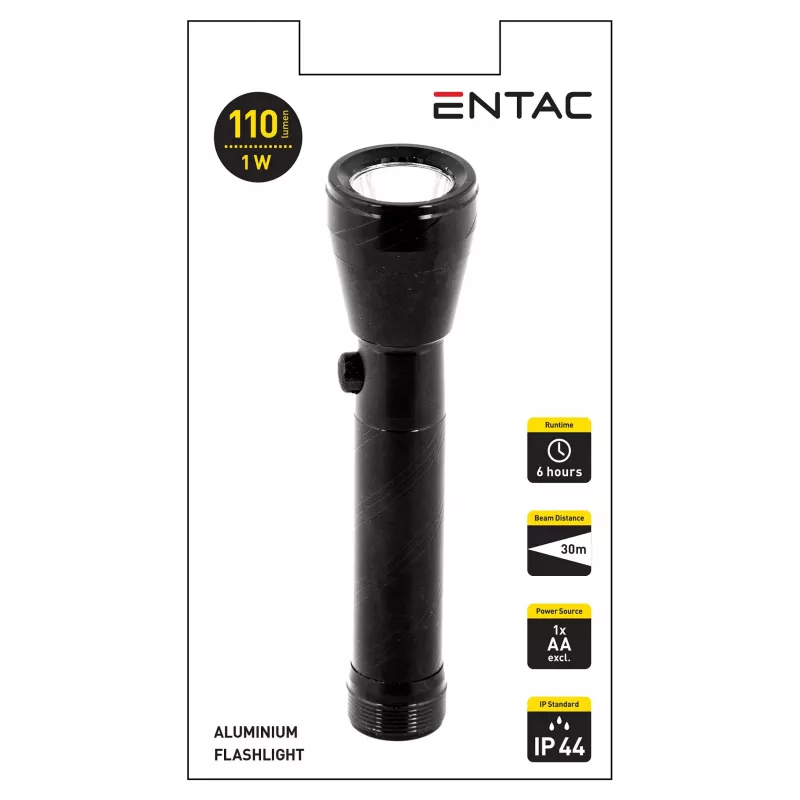 ENTAC EFL-1W-ALU 1W LED žibintuvėlis, aliuminis, juodas, AA baterija