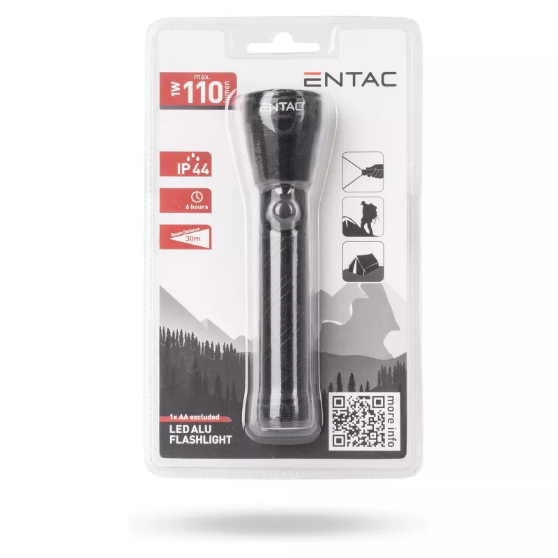 ENTAC EFL-1W-ALU 1W LED žibintuvėlis, aliuminis, juodas, AA baterija