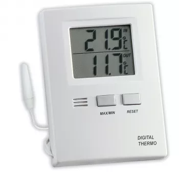 TFA 30.1012 Skaitmeninis termometras vidaus ir lauko temperatūrai su laidiniu jutikliu, Max/Min atmintimi, šalčio signalu, baltas