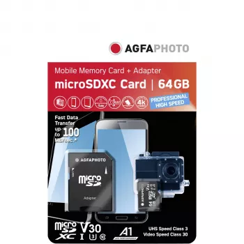AGFAPHOTO MicroSDXC UHS-I 64GB High Speed Class 10 U3 V30+ su SD adapteriu