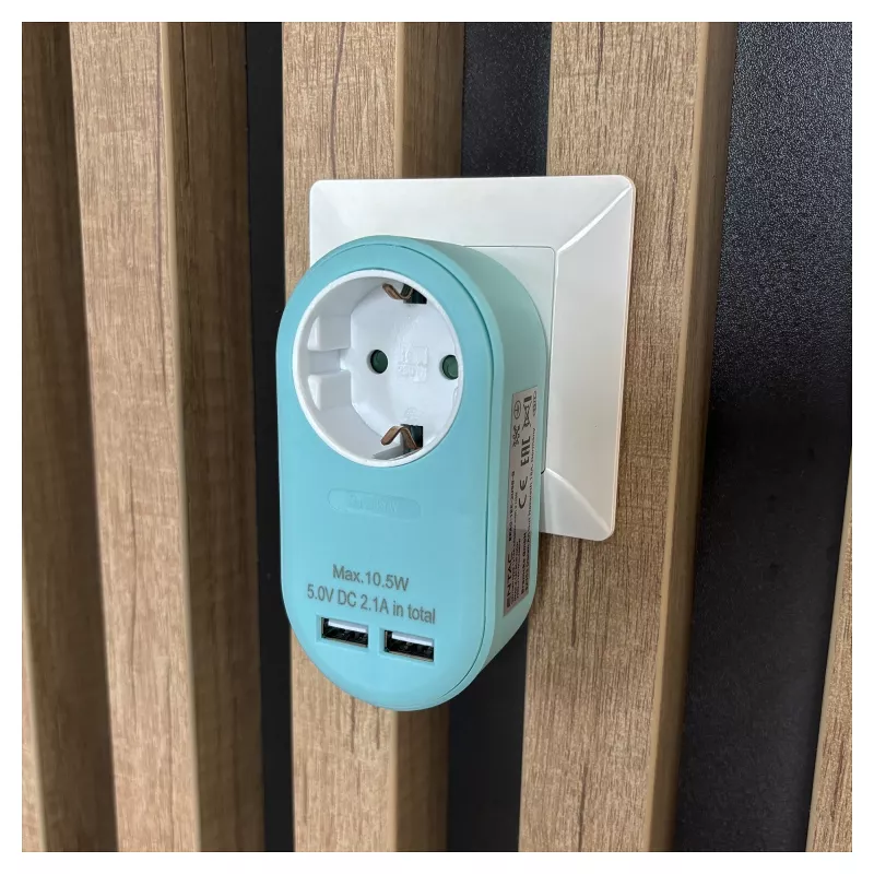 ENTAC Kištukinis adapteris su 2x USB-A mėlynas