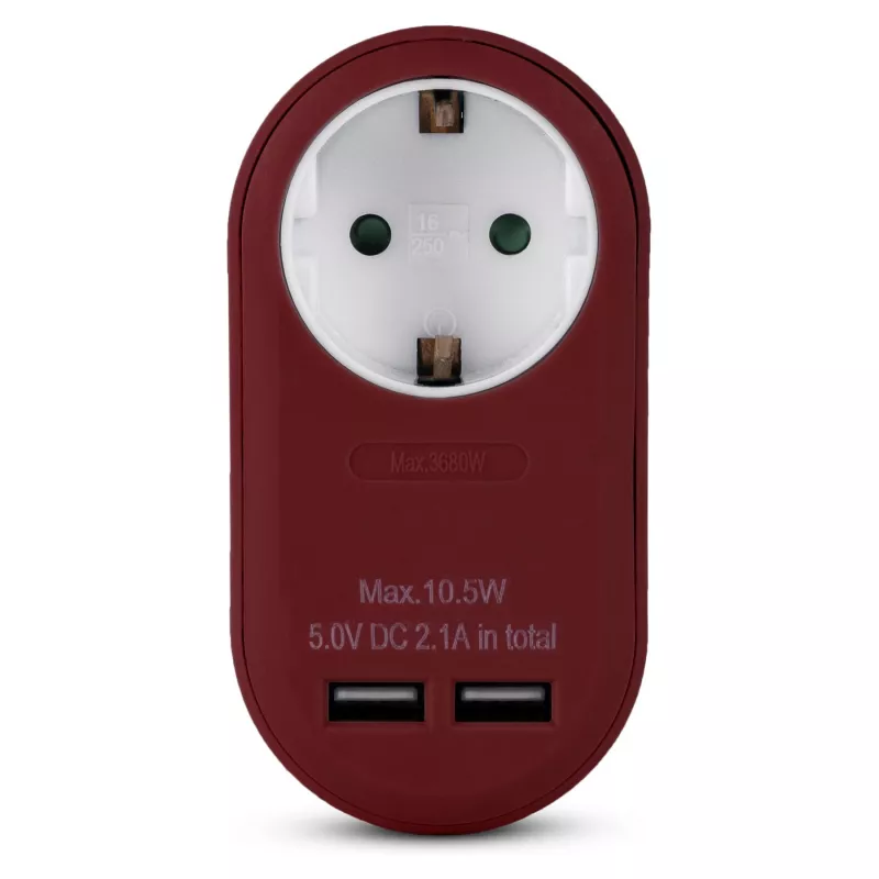 ENTAC sieninis kištukinis adapteris su 2x USB-A, bordo spalvos
